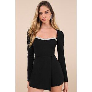 Lulus Fashionable Sparkle Black Rhinestone Long Sleeve Skort Romper - Size S